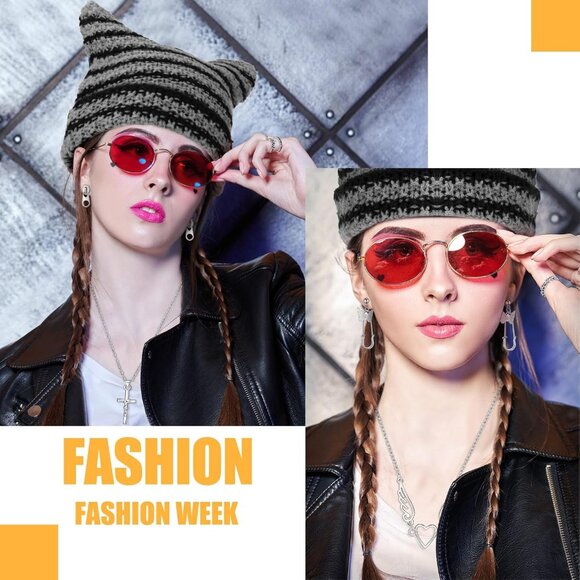 Y2K Grunge Knit Cat Beanie Ripped Gloves Jewelry Set for Women Men Black - Picture 4 of 6